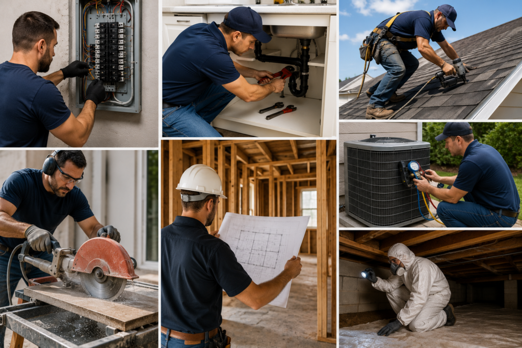 Professional contractors handling high-risk home projects, including electrical work, major plumbing, roofing, structural construction, HVAC servicing, and specialized property inspections.