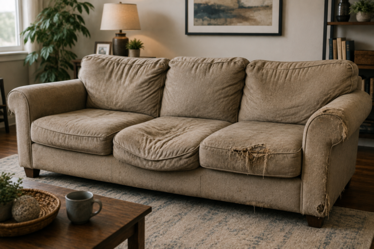 Worn beige sofa with sagging cushions, frayed upholstery, and visible damage in a cozy living room.