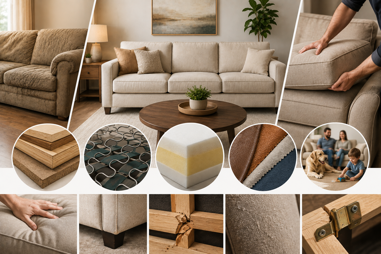 Featured image showing a sofa lifespan comparison with durable and worn upholstery, cushion condition, frame materials, suspension springs, foam quality, leather and fabric, plus signs of everyday wear.