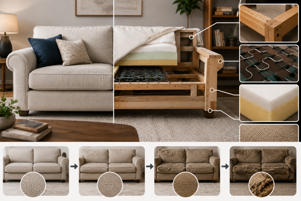 Featured sofa lifespan comparison showing how frame construction, suspension, cushion fill, and upholstery materials wear at different rates over time.