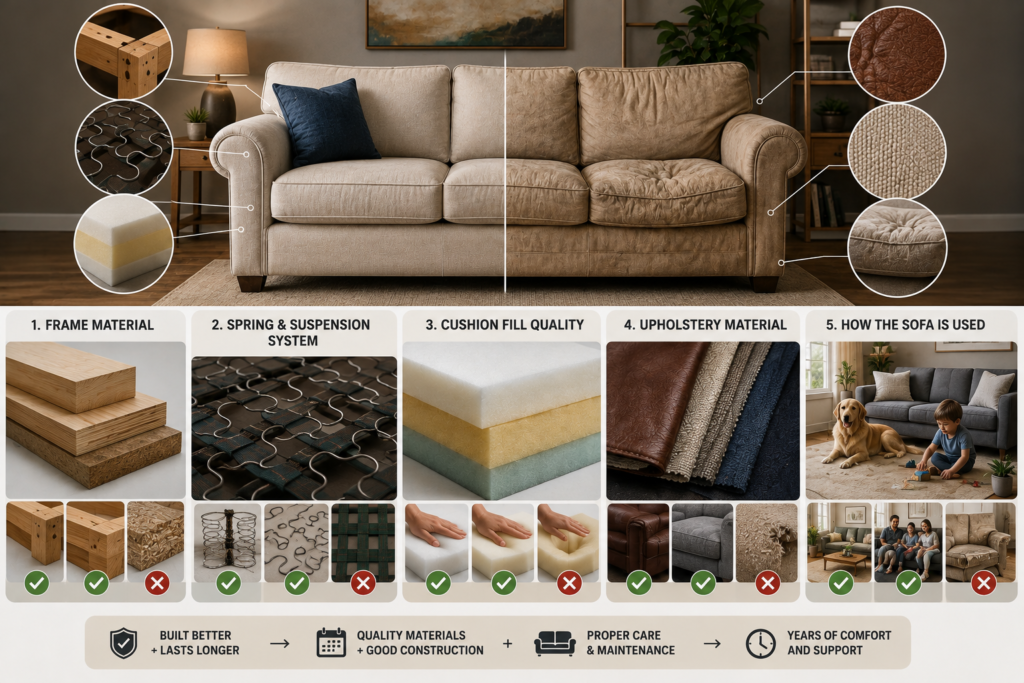 Featured image showing the key factors that determine sofa lifespan, including frame material, spring and suspension system, cushion fill quality, upholstery material, and daily usage.