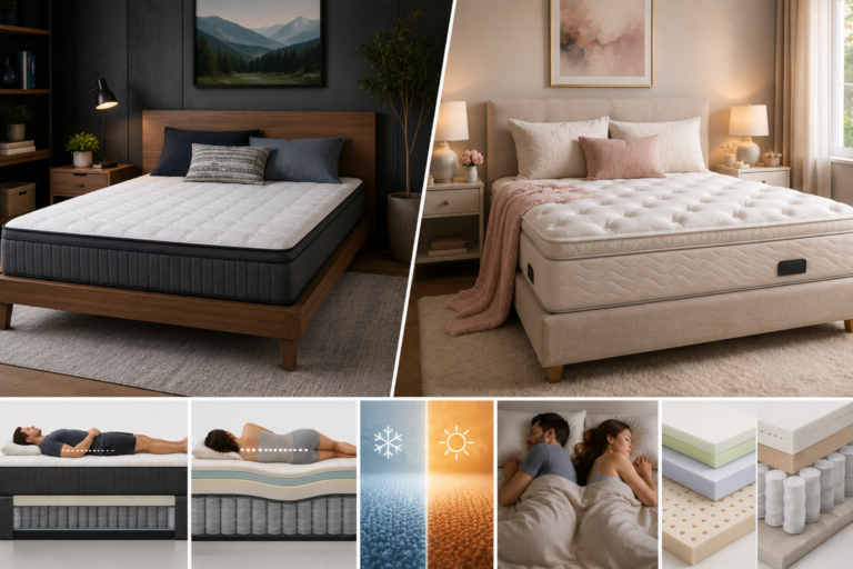 Firm versus soft mattress comparison showing a supportive firm mattress and plush soft mattress, with visuals of spinal alignment, pressure relief, cooling, partner comfort, and mattress construction.