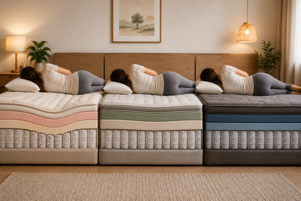Featured-size comparison of soft, medium-firm, and firm mattresses showing different levels of sinkage, support, and layered mattress construction in a modern bedroom.