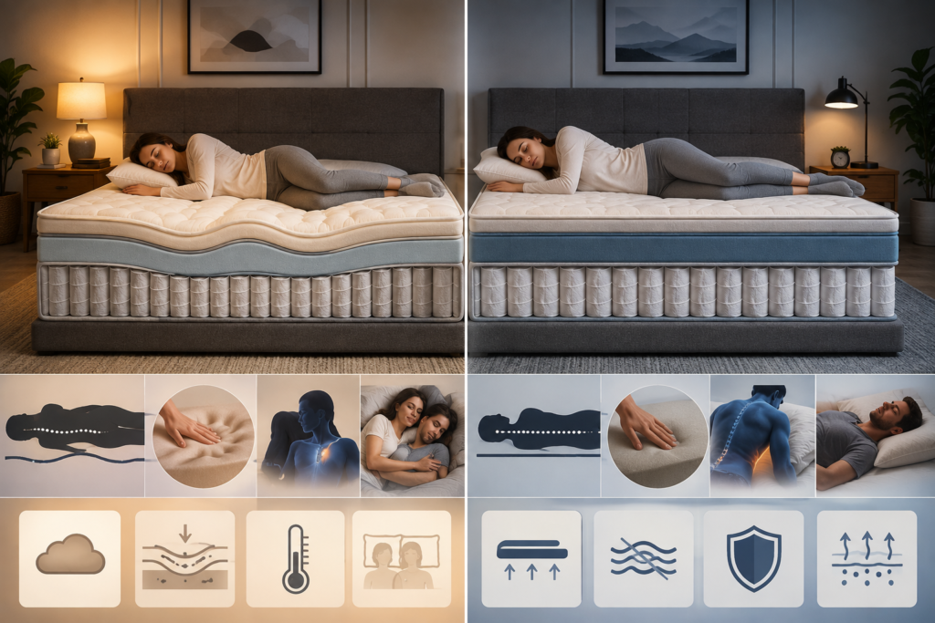 Side-by-side comparison of soft and firm mattresses showing differences in sinkage, pressure relief, spinal support, temperature, movement, and mattress construction.