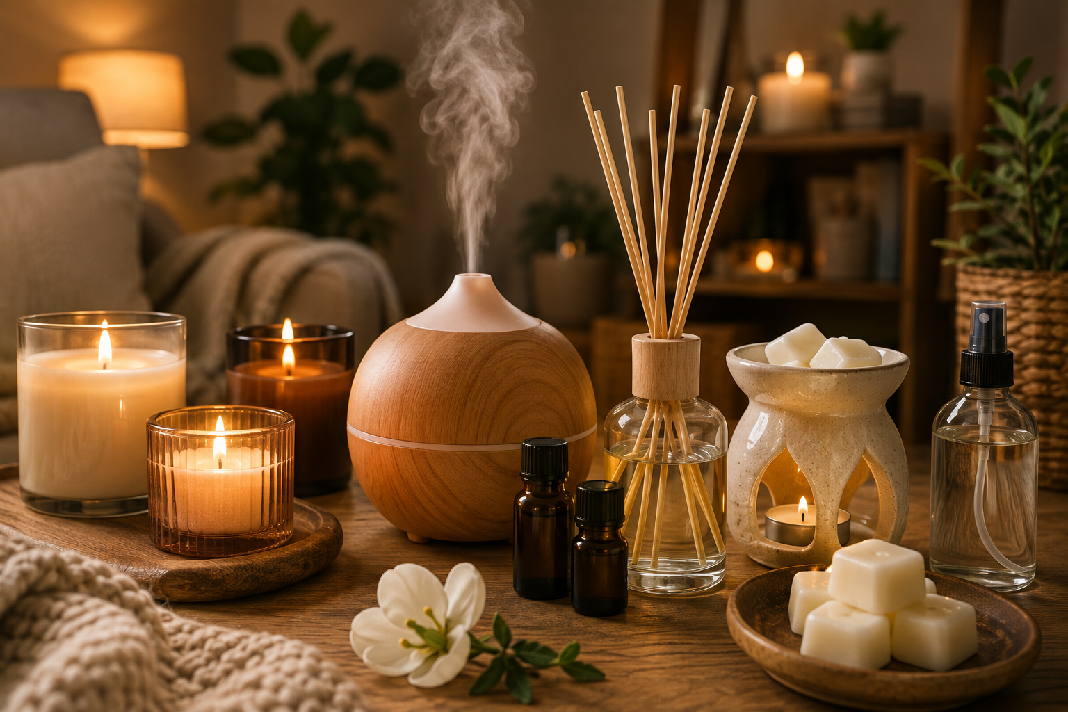 Cozy home fragrance scene featuring candles, an essential oil diffuser, reed diffuser, wax warmer, room spray, essential oil bottles, and wax melts in a warm modern living room.