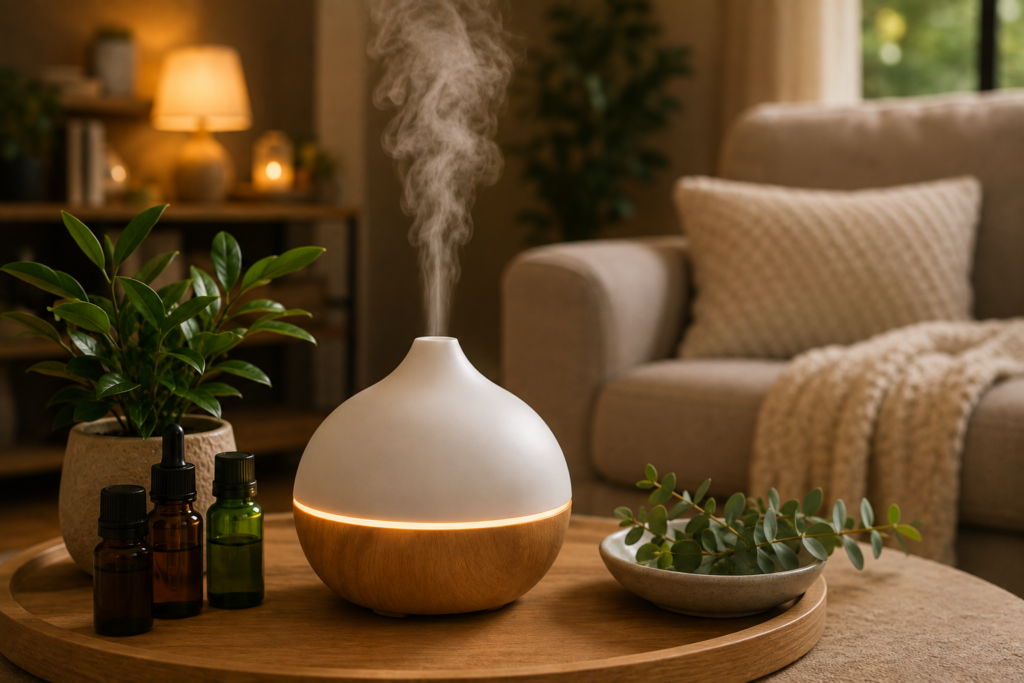 Essential oil aroma diffuser releasing a fine mist in a cozy home setting, surrounded by essential oil bottles, eucalyptus, greenery, warm lighting, and relaxing décor.