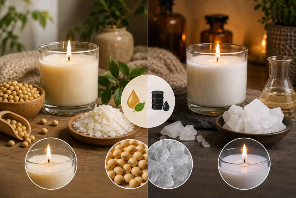 Side-by-side comparison of soy and paraffin candles showing soybeans and soy wax flakes on one side and refined paraffin wax pieces on the other, with lit candles and detailed wax textures.