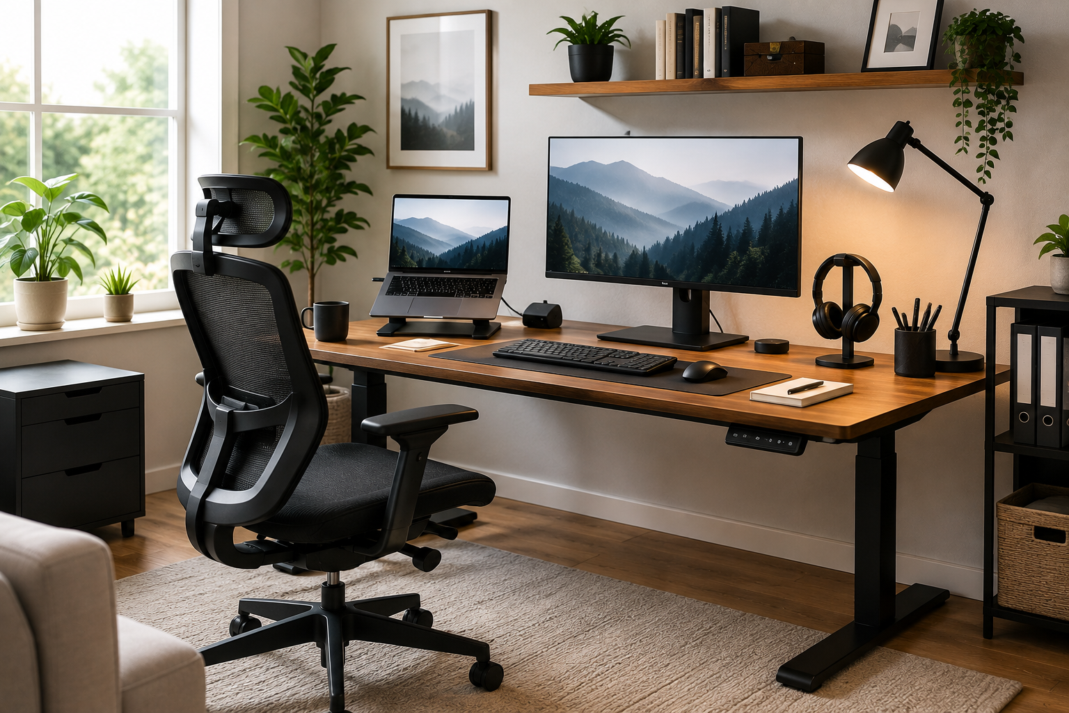 Featured image of a modern home office with an ergonomic chair, spacious desk, dual monitors, laptop, keyboard, mouse, headset, task lighting, storage, plants, and natural window light.