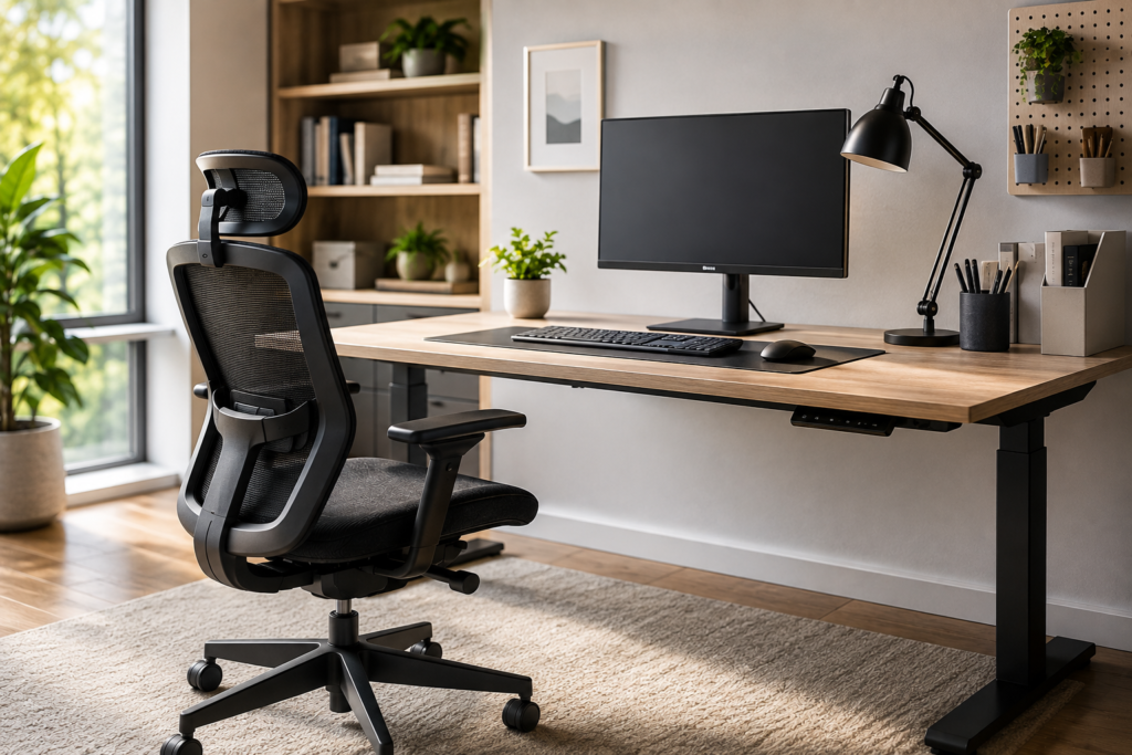 Modern home office featuring the essential furniture foundations of a spacious desk and ergonomic office chair, with monitor, keyboard, adjustable lighting, storage, and natural greenery.