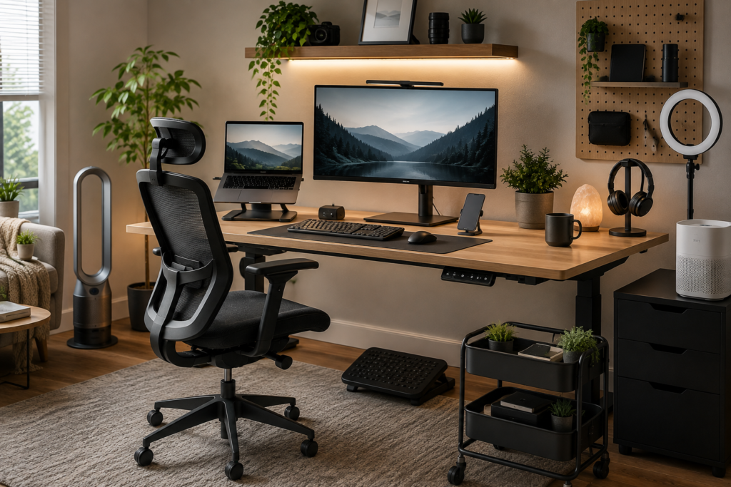 Modern home office showing optional productivity upgrades including a standing desk setup, laptop stand, ring light, air purifier, footrest, rolling storage cart, and organized accessories.