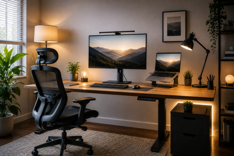 Featured home office image showing layered ambient, task, and accent lighting, natural window light, desk lamp, monitor light bar, ergonomic chair, and a well-organized workspace designed to reduce glare and eye strain.