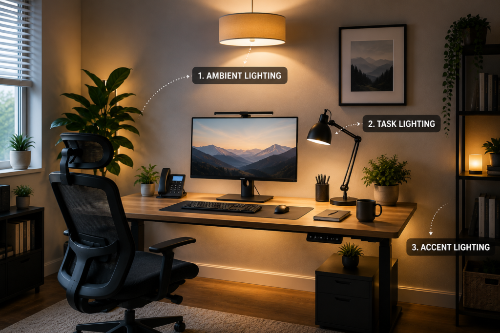 Modern home office illustrating the three layers of good lighting: ambient ceiling light, focused task lighting from a desk lamp, and soft accent lighting around the workspace.