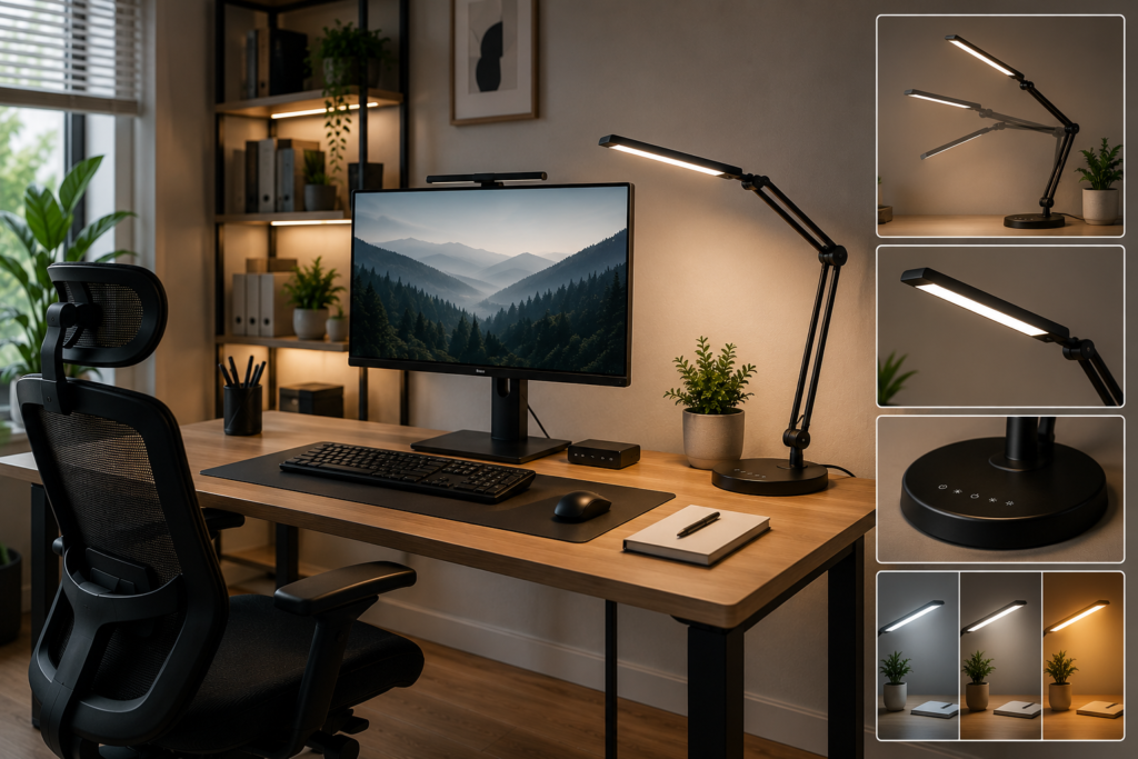 Modern home office featuring an adjustable desk lamp with flexible arm positioning, focused task lighting, brightness controls, color-temperature options, and a glare-free workspace setup.
