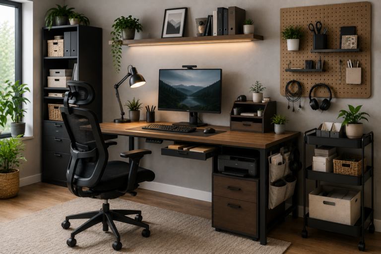 Featured home office image showing smart storage with wall shelves, pegboard, filing cabinet, desk drawers, baskets, organized supplies, cable management, and an ergonomic workspace.