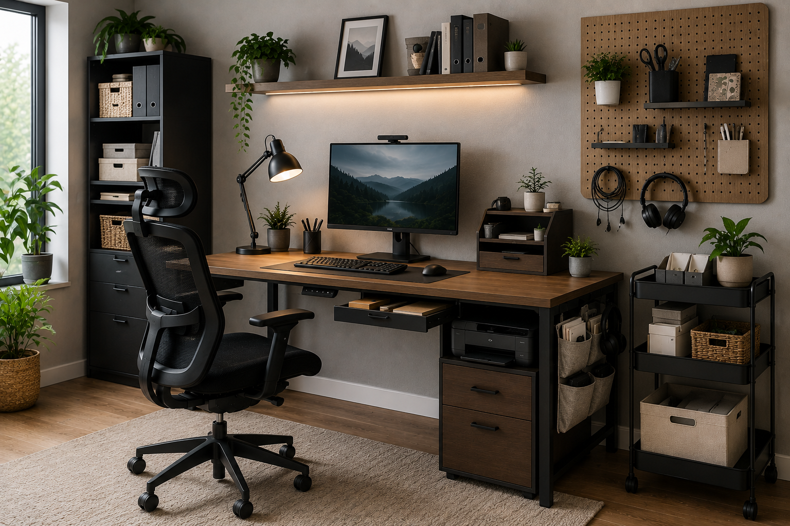 Featured home office image showing smart storage with wall shelves, pegboard, filing cabinet, desk drawers, baskets, organized supplies, cable management, and an ergonomic workspace.