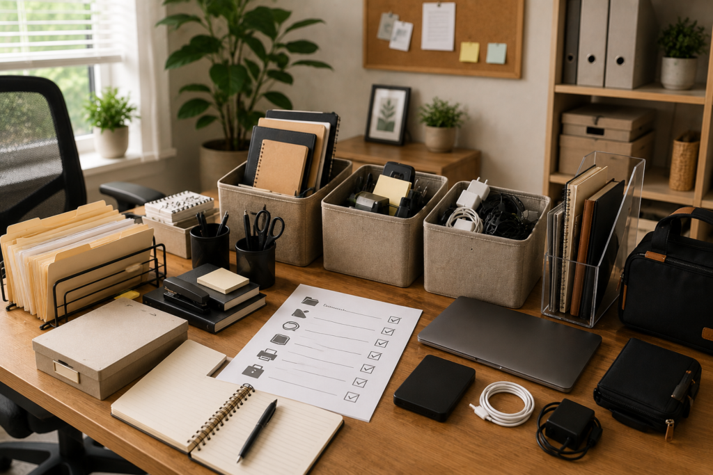 Organized home office workspace showing paperwork, office supplies, books, electronics, cables, equipment, and personal items sorted into categories before choosing storage solutions.