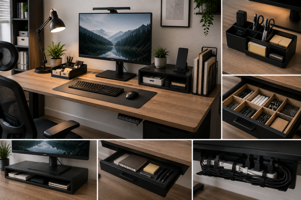 Smart home office desk storage with a clear work surface, desktop organizer, divided drawer, monitor stand with storage, under-desk drawer, and neatly managed cables.