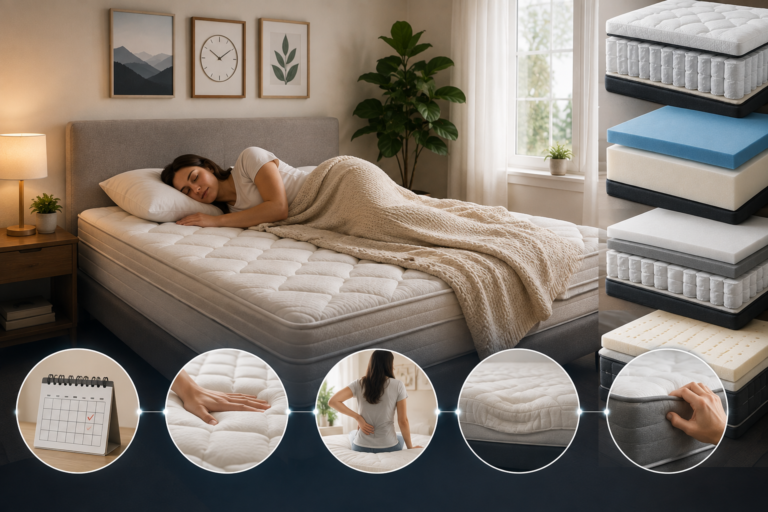 Featured image showing a modern bedroom with a mattress, layered mattress construction, comfortable sleeping surface, and visual details representing mattress lifespan, support, wear, and replacement considerations.