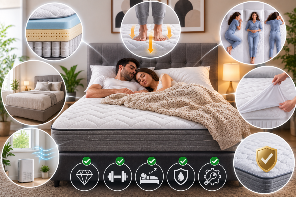 Featured image showing the main factors that affect mattress lifespan, including material quality, body weight and sleep position, frequency of use, mattress care, ventilation, protective covers, and proper support.