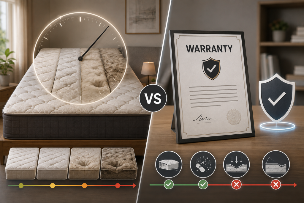 Side-by-side visual comparison of mattress lifespan and warranty, showing mattress aging, normal wear, manufacturing defects, warranty coverage, and examples of damage that may not be covered.