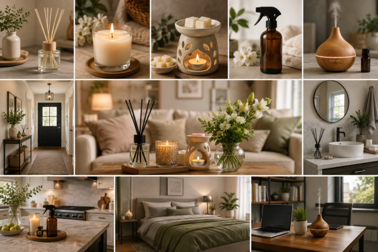 Featured image showing home fragrance options including reed diffusers, scented candles, wax melts, room sprays, and oil diffusers styled throughout an entryway, living room, bathroom, kitchen, bedroom, and home office.
