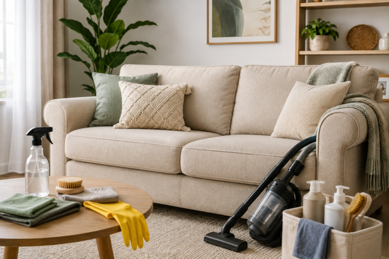 Modern beige sofa with cleaning supplies, vacuum, microfiber cloths, and brushes in a bright, tidy living room.