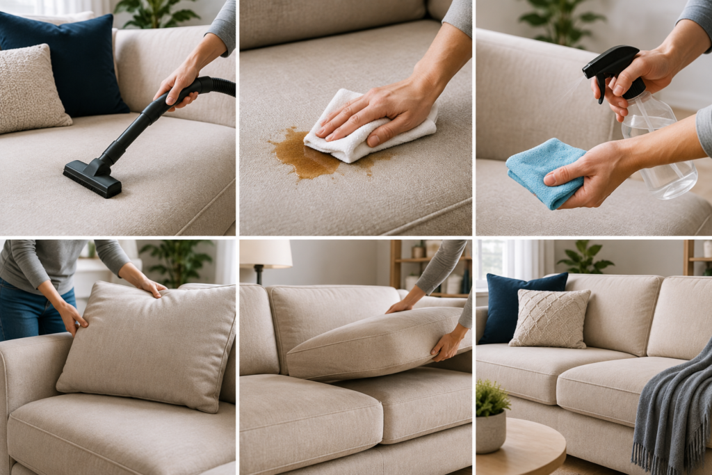 Step-by-step sofa cleaning routine showing vacuuming, blotting stains, gentle cleaning, cushion care, and a freshly maintained sofa.