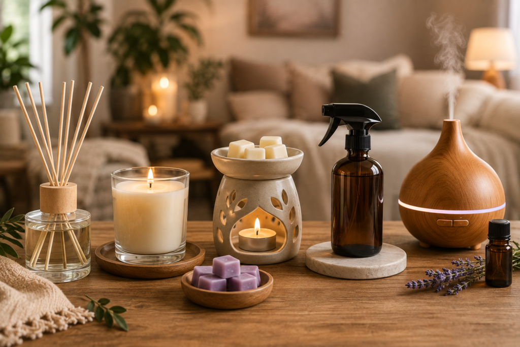 Home fragrance collection featuring a reed diffuser, scented candle, wax melts, room spray, and essential oil diffuser arranged in a cozy modern living room.
