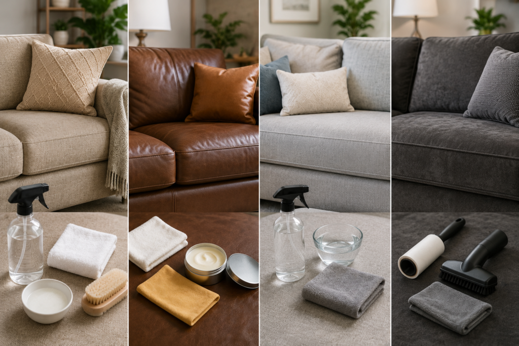 Four sofa materials—fabric, leather, microfiber, and performance upholstery—shown with their appropriate cleaning tools and care methods.