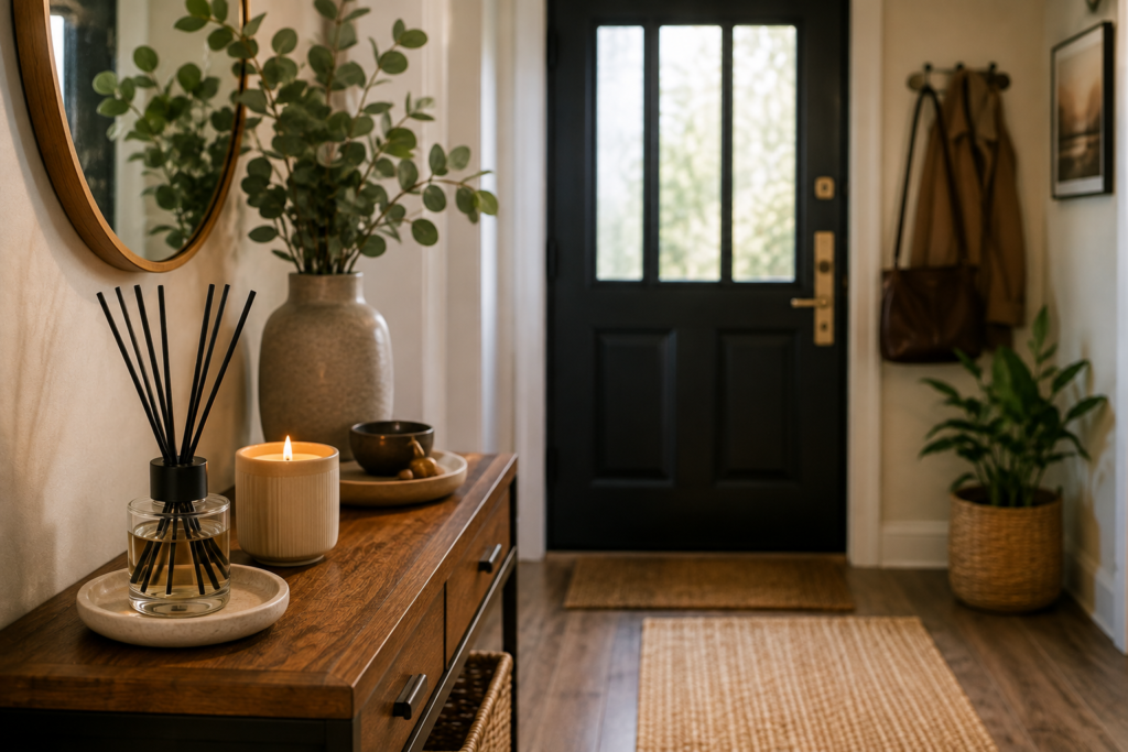 Cozy modern entryway featuring a reed diffuser, warm welcoming décor, natural greenery, wooden console, mirror, and soft neutral furnishings for a pleasant first impression.