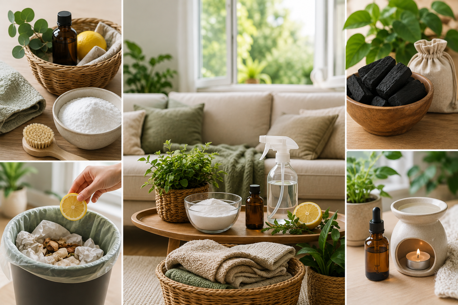 Bright, naturally fresh home with baking soda, vinegar, activated charcoal, lemon, fresh herbs, open windows, houseplants, and clean living spaces.