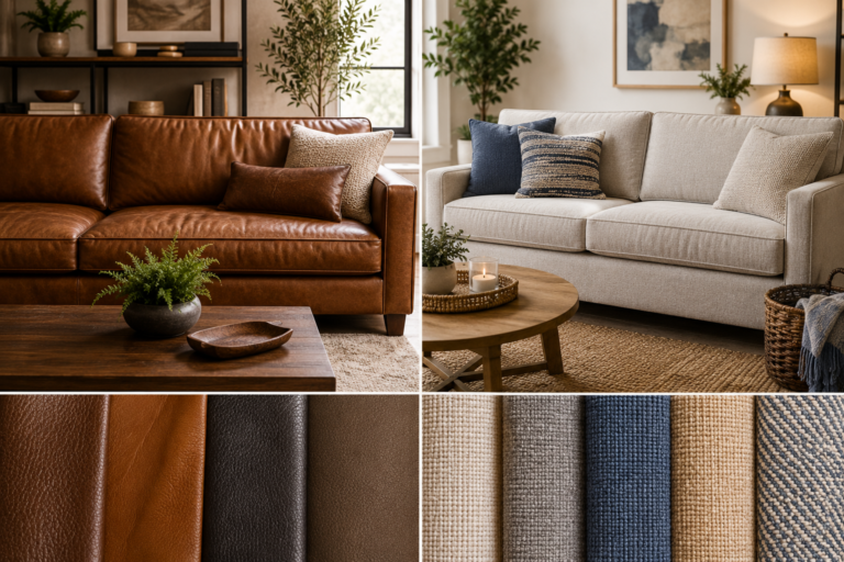 Featured image comparing a brown leather sofa and a light fabric sofa in stylish living rooms, with close-up leather and woven fabric textures showing their different looks and feel.