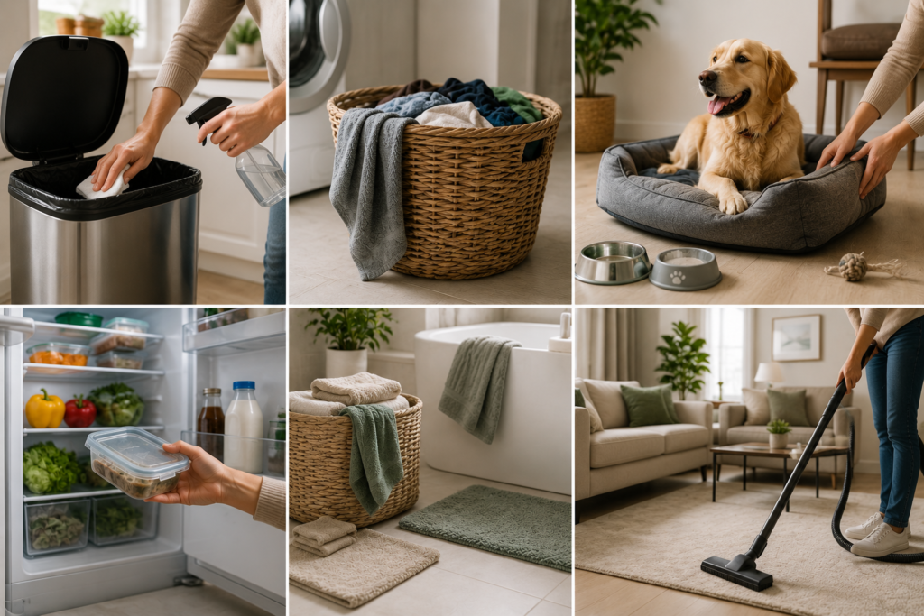 Natural home cleaning routine focused on eliminating odor sources, including cleaning a trash bin, washing laundry and pet bedding, checking the refrigerator, and vacuuming living areas.