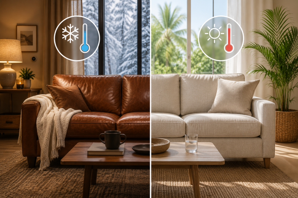 Featured image comparing leather and fabric sofas in different climates, with a warm winter setting for leather and a bright, airy summer setting for fabric to illustrate temperature comfort.