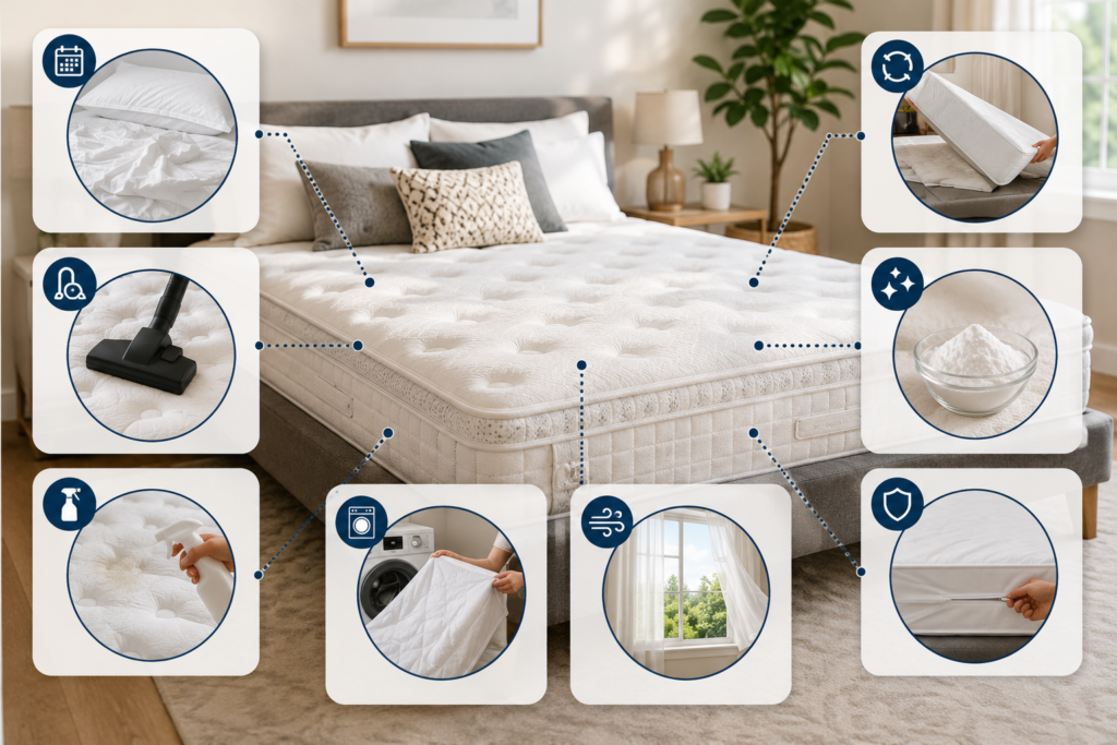 Mattress cleaning schedule illustrated with fresh bedding, vacuuming, spot cleaning, rotation, deodorizing, protector care, and regular airing in a bright bedroom.