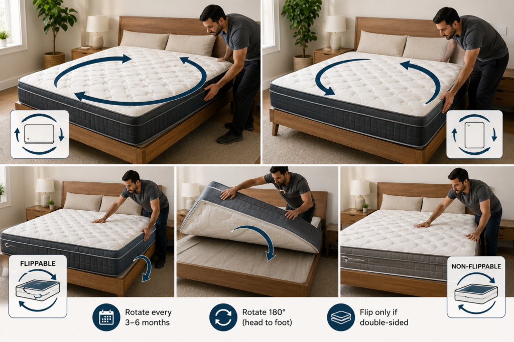 Mattress rotation and flipping demonstration showing how to turn a mattress head-to-foot and distinguish between rotating and flipping techniques