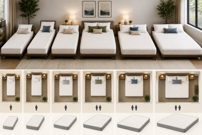 Featured image comparing standard U.S. mattress sizes from Twin and Twin XL through Full, Queen, King, and California King in a modern bedroom setting, showing their different proportions and room layou