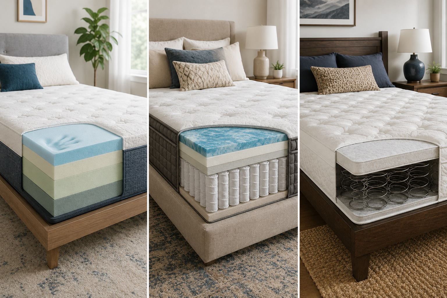 Side-by-side comparison of memory foam, hybrid, and innerspring mattresses showing their different internal constructions in stylish modern bedrooms.