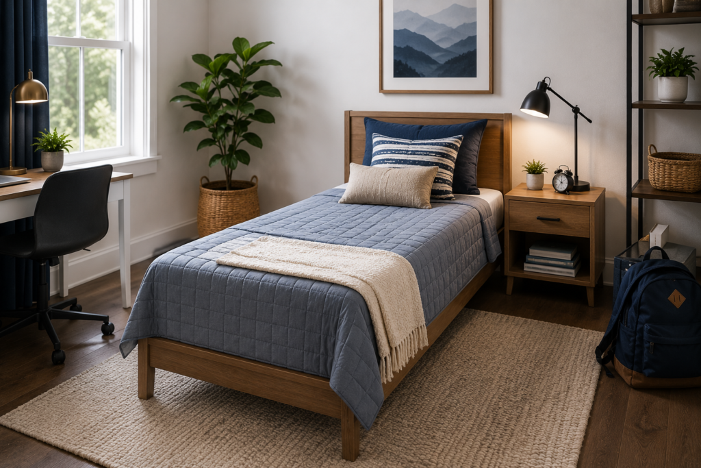 Cozy modern bedroom featuring a compact Twin mattress with a single bed, ideal for a child, teen, or solo sleeper in a space-efficient room.