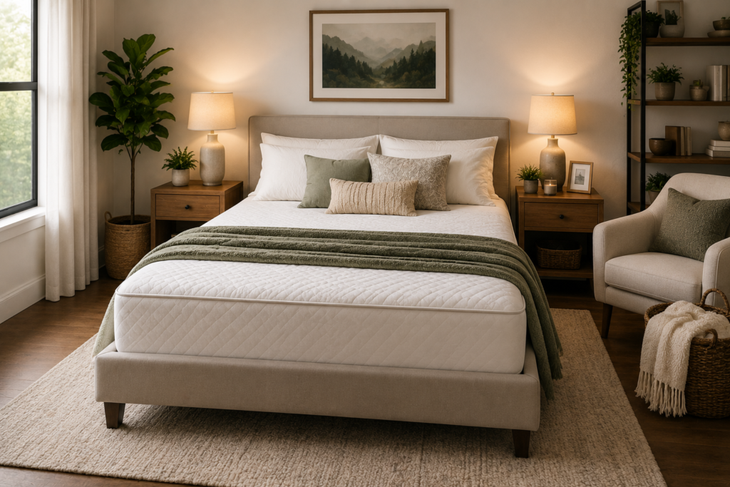 Featured image of a comfortable Queen-size bed in a spacious modern American bedroom, with balanced proportions, generous sleeping space, neutral décor, and room for bedside furniture.