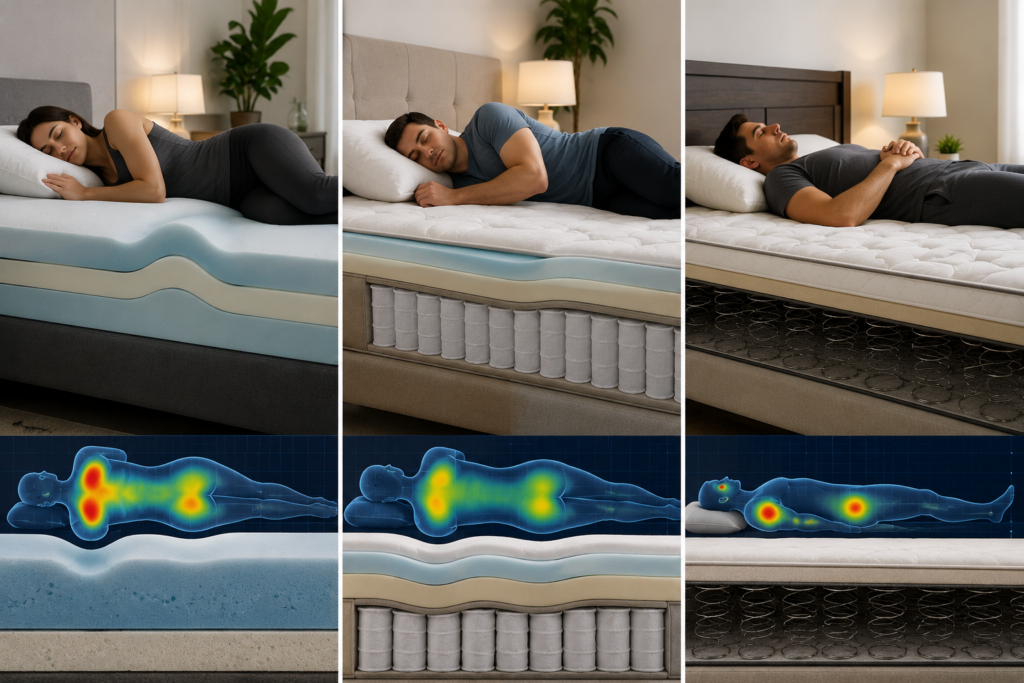 Comparison of memory foam, hybrid, and innerspring mattresses showing body contouring, pressure relief, and different support levels for various sleeping positions.
