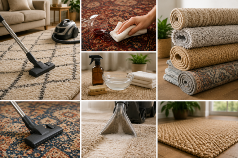 Rug and carpet care scene showing vacuuming, stain blotting, cleaning supplies, rolled rugs, deep cleaning, and natural-fiber rugs in a bright modern American home.