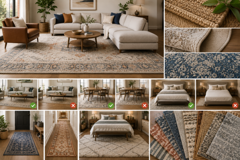 Featured image showing a stylish living room with a properly sized area rug, along with rug textures, bedroom and dining room placements, hallway runners, and different rug materials for comparing size, pile, and style.
