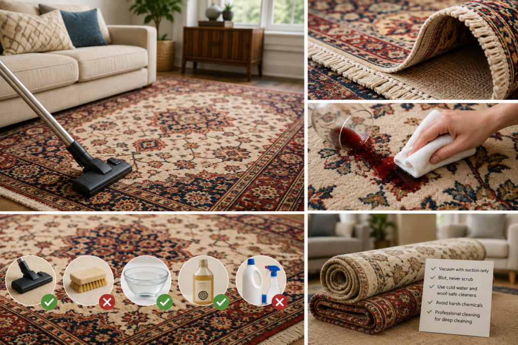 Wool rug care scene showing gentle suction-only vacuuming, immediate spill blotting, wool-safe cleaning supplies, and professional cleaning for delicate rugs.