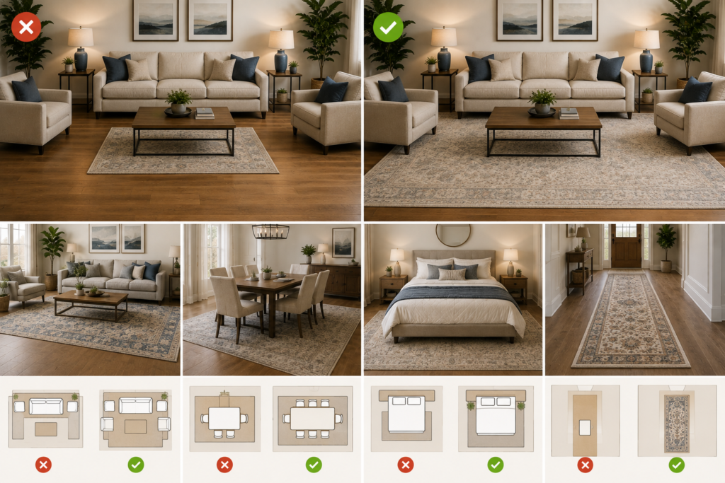 Featured image showing correctly and incorrectly sized rugs in living rooms, dining rooms, bedrooms, and hallways, demonstrating how rug size and furniture placement affect the overall look of a room.