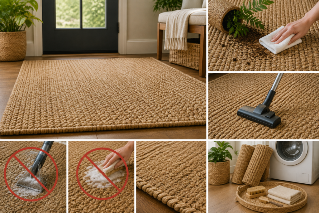 Jute and sisal rug care scene showing dry cleaning, gentle vacuuming, spill blotting, natural woven fibers, and avoiding excessive moisture.