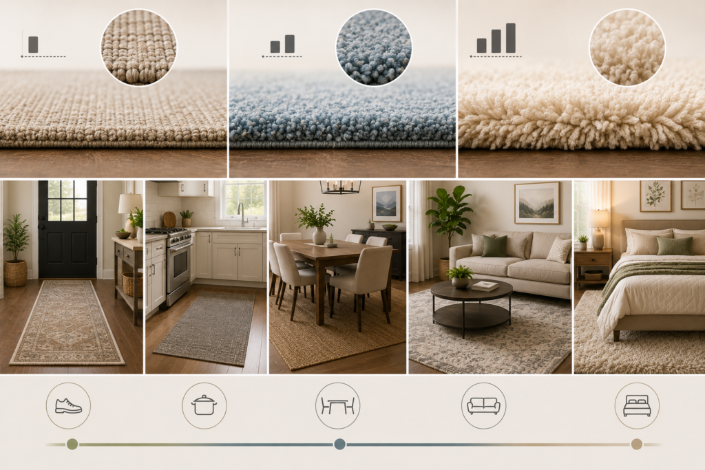 Featured image comparing low, medium, and high rug pile heights through detailed fiber textures and room examples, showing how pile affects comfort, cleaning, durability, and suitability for different areas of the home.