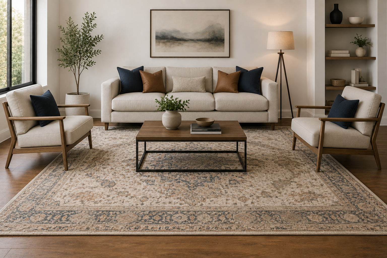 Modern living room featuring a large area rug properly positioned beneath the sofa and chairs, demonstrating balanced rug sizing and furniture placement in a spacious neutral interior.