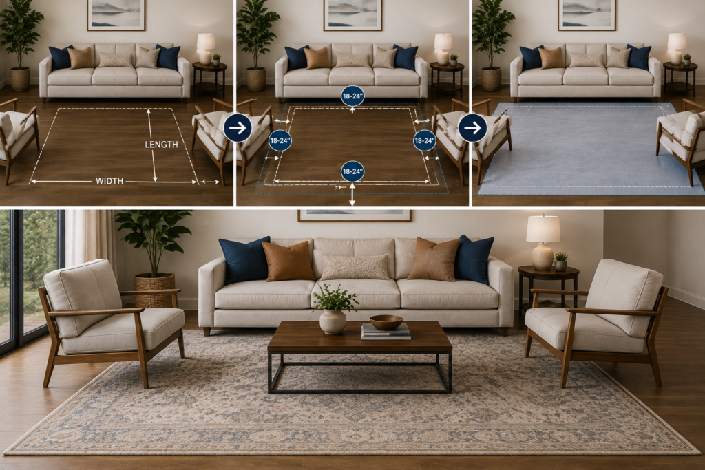 Modern living room with a properly sized area rug extending beyond the furniture layout, visually demonstrating how rug dimensions should relate to the sofa, chairs, and coffee table.