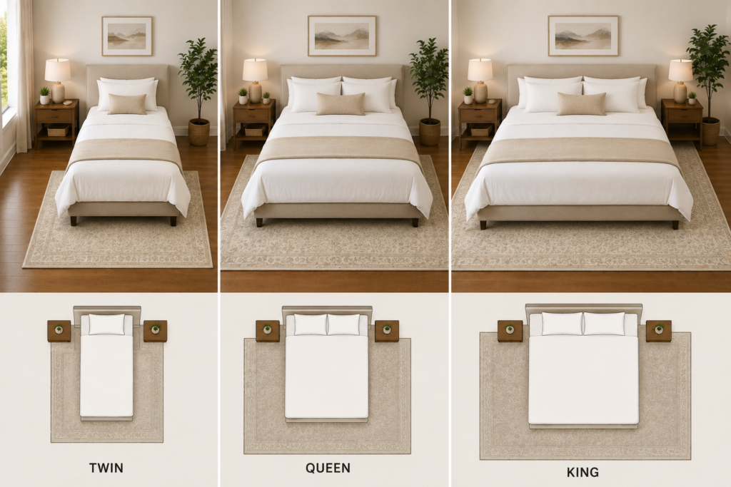 Clean featured image comparing bedroom rug proportions for Twin, Queen, and King beds, showing how rug coverage increases with mattress size in warm, modern bedrooms.